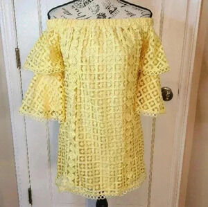 NWT Just Me Yellow Off-the-Shoulder Mini Dress with Ruffled Sleeves, small